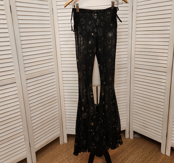 Dolls Kill Black Sheer Flare Pants with Gold Pattern SIZE S NWT - Picture 2 of 5